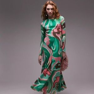Topshop swirl cut out midi dress in green and pink